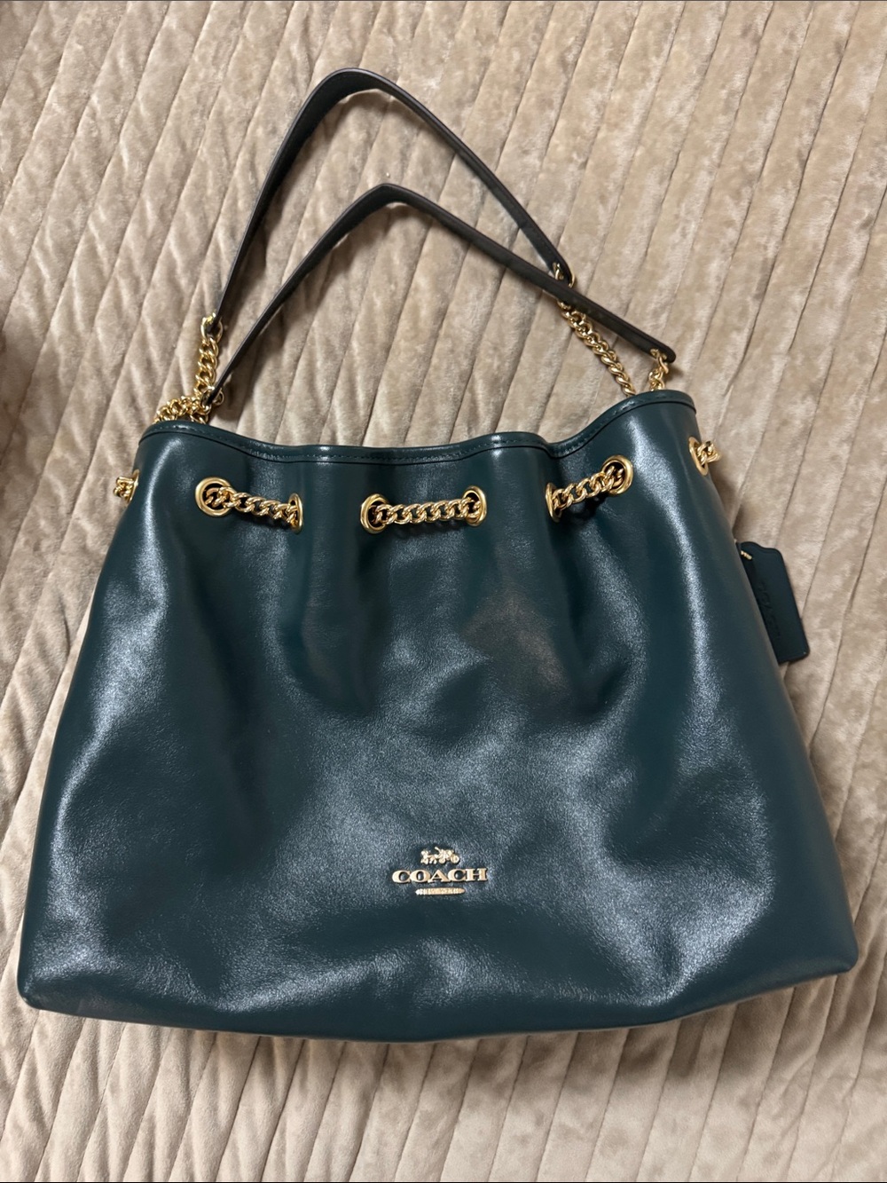 Coach Black Leather Drawstring Shoulder Bag with Gold Chain - Picture 1 of 3